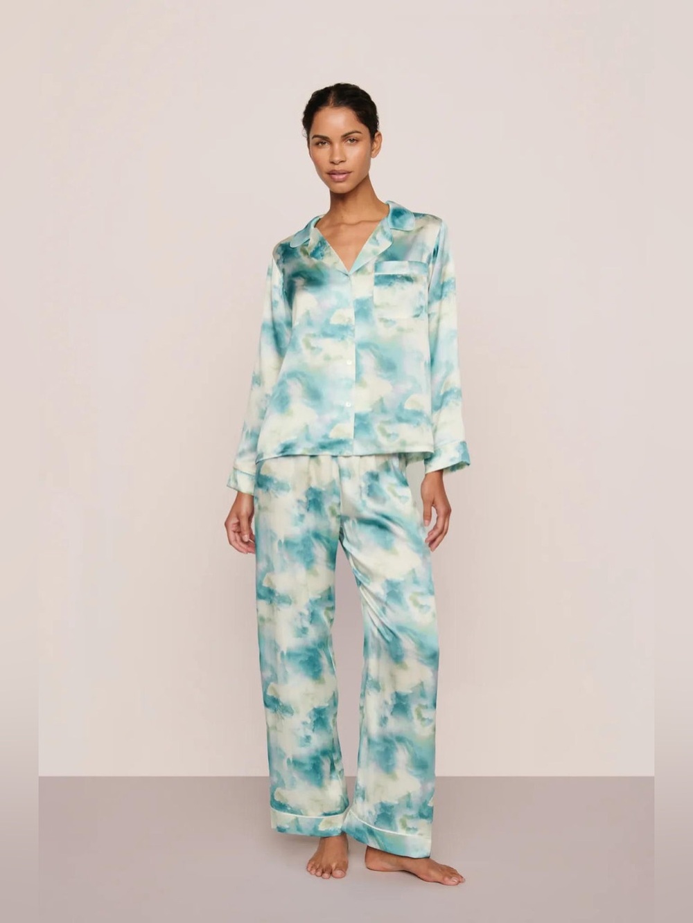 Eberjey Inez Washable Silk Pajama Pants Seafoam Sky Blue Lagoon/Ivory Size M